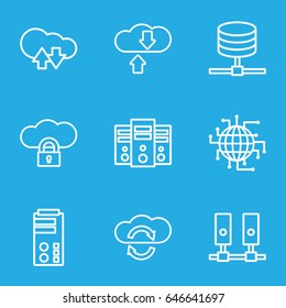 Server icons set. set of 9 server outline icons such as cloud download upload, cpu planet, server