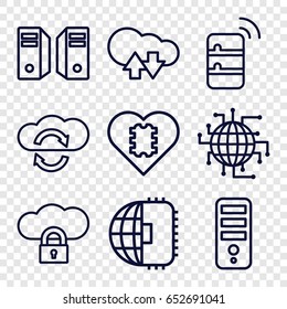 Server icons set. set of 9 server outline icons such as cpu, server, cloud download upload, cpu in heart, cpu planet, cloud protection