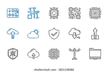 server icons set. Collection of server with ftp, rack, cpu, cloud computing, security, upload, cloud, components. Editable and scalable server icons.
