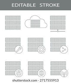 Ícones do servidor Definir estilo da linha. Ícones editáveis do vetor de traçado cinza: servidor, hospedagem, configuração, nuvem, segurança, armazenamento, manutenção, rede e muito mais.