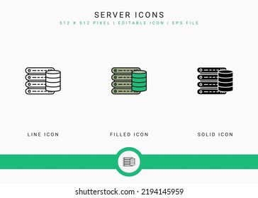 Server icons set vector illustration with solid icon line style. Web cloud data concept. Editable stroke icon on isolated background for web design, user interface, and mobile application
