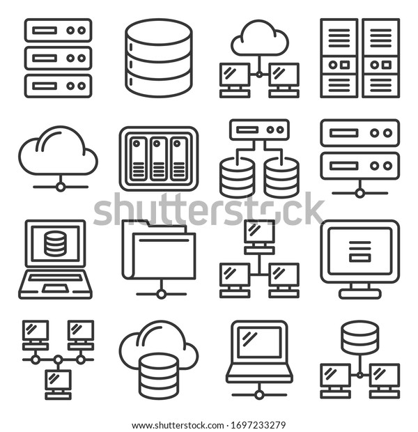 Server, Internet and Network Icons Set on White\
Background. Line Style\
Vector