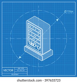server isometric 3d blueprint icon. Super computer web UI symbol. Big data calculations illustration
