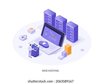 Server isometric. Character staying near control panel and managing files and data on cloud web server. Web hosting service with cyber security technology concept. Vector illustration.
