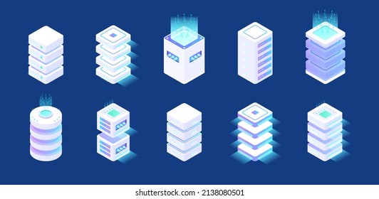 Server isometric set or Hardware Equipment. Datacenter storage room object. Computer database towers.