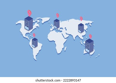 Server Locations, Proxy Server Delivering Content, Global Data Centers - Flat Design Vector Illustration Background With Icons