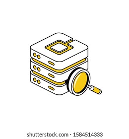 Server magnifier search. Vector line, 3d stroke isometric, color web icon, new flat style. Creative illustration design, abstract idea for infographics.