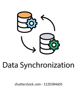 
Server mainframe with two gear wheels and connecting arrows symbolising data synchronization concept 
