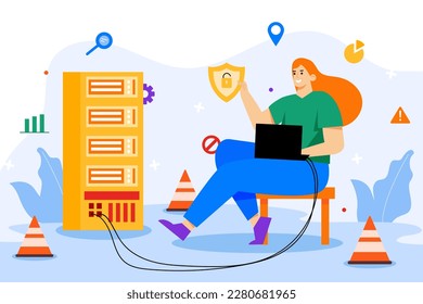 Server maintenance color concept with people scene in the flat cartoon design. Woman work with a server maintenance. Vector illustration. - Powered by Shutterstock - Get 15% off with code: PIKWIZARD15