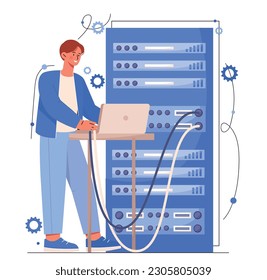 Server maintenance concept. Man with laptop near corporate storage. Technical support, programmer at workplace. Technician in server rack hardware room. Cartoon flat vector illustration