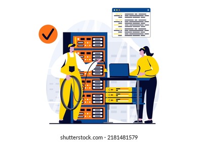 Server maintenance concept with people scene in flat cartoon design. Woman and man technicians team working in server rack hardware room and fixing problems. Vector illustration visual story for web