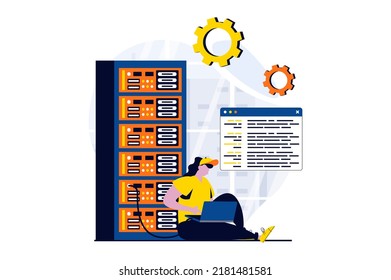 Server maintenance concept with people scene in flat cartoon design. Woman technician working in server rack hardware room and fixing connection at laptop. Vector illustration visual story for web