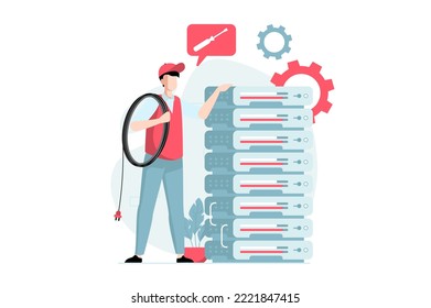 Server maintenance concept with people scene in flat design. Man engineer working, making repair and fixing problems hardware at server racks room. Vector illustration with character situation for web