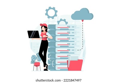 Server maintenance concept with people scene in flat design. Woman working as tech engineer and settings cloud computing at server racks room. Vector illustration with character situation for web