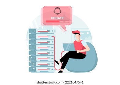 Server maintenance concept with people scene in flat design. Man working at server rack hardware room, updates and optimization computer systems. Vector illustration with character situation for web