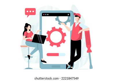 Server maintenance concept with people scene in flat design. Man and woman working in technology department and support software for mobile phones. Vector illustration with character situation for web