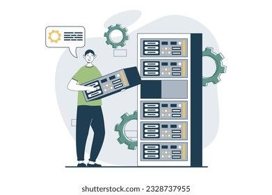 Concepto de mantenimiento de servidores con escena de personas en diseño plano para web. Localización de averías y reparación de equipos en la sala de rack de hardware. Ilustración vectorial para banner de medios sociales, material de marketing.