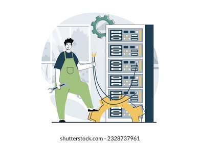 Server maintenance concept with people scene in flat design for web. Man fixing technical problem and troubleshooting of hardware. Vector illustration for social media banner, marketing material.