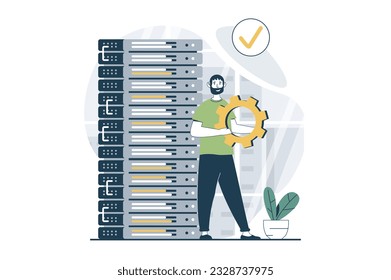 Server maintenance concept with people scene in flat design for web. Man works as tech administrator and fixing equipment in rack room. Vector illustration for social media banner, marketing material.