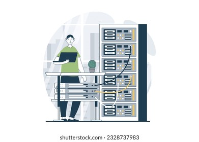 Server maintenance concept with people scene in flat design for web. Man working in hardware rack room, troubleshooting and fixing. Vector illustration for social media banner, marketing material. - Powered by Shutterstock - Get 15% off with code: PIKWIZARD15