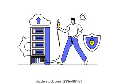 Server maintenance concept with people scene in the flat cartoon design. A technician checks the maintenance servers. Vector illustration.