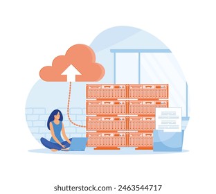 Server maintenance concept with people scene. Woman working as tech engineer and settings cloud computing at server racks room. flat vector modern illustration
