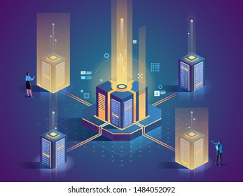 Server maintenance flat isometric illustration. Data center technicians, engineers 3D cartoon characters. System administrator profession. Hardware configuration, diagnostic test, technical support