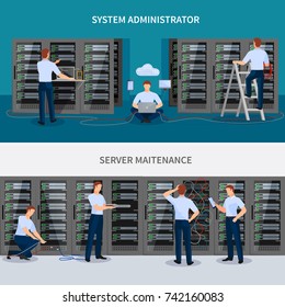 Server maintenance horizontal banners set with technology symbols flat isolated vector illustration