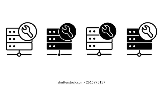 Server Maintenance Icons Black and White Wrench Symbols on Data Center Illustration