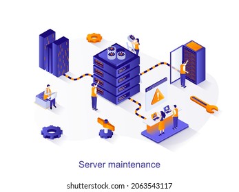 Server maintenance isometric web concept. People working at server rack hardware room, technology department engineers support equipment scene. Vector illustration for website template in 3d design