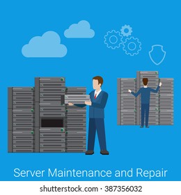 Server Maintenance And Repair. Flat Style Website Technology Concept Web Infographics Vector Illustration. Servers Hosting Cloud Services Vector Illustration Icon Set. Man Changing Blade Servers Rack.