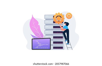 Server maintenance service, network server idea, hosting technology, programming equipment concept illustration