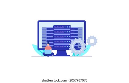 Servicio de mantenimiento de servidores, idea de servidor de red, tecnología de hospedaje, ilustración de concepto de equipo de programación