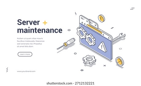 Banner da Web de manutenção do servidor. Modelo isométrico com janela do navegador, engrenagens e ferramentas. Ilustração vetorial para suporte técnico ou página inicial de administração do sistema