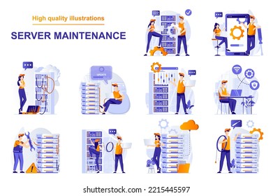 Server maintenance web concept with people scenes set in flat style. Bundle of technical work, working at server rack hardware room, engineers team repairs. Vector illustration with character design