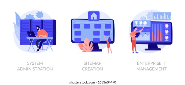 Server maintenance, web design development, business organization icons set. System administration, sitemap creation, enterprise it management metaphors. Vector isolated concept metaphor illustrations