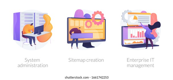 Server maintenance, web design development, business organization icons set. System administration, sitemap creation, enterprise it management metaphors. Vector isolated concept metaphor illustrations