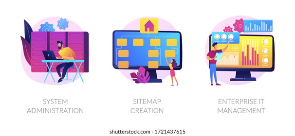 Server maintenance, web design development, business organization icons set. System administration, sitemap creation, enterprise it management metaphors. Vector isolated concept metaphor illustrations