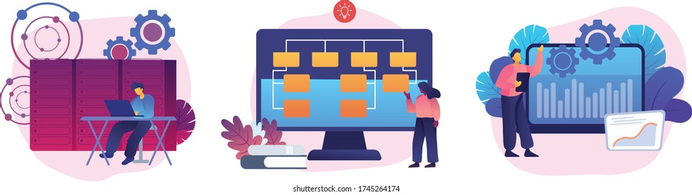 Server maintenance, web design development, business organization icons set. System administration, sitemap creation, enterprise it management metaphors. Vector isolated concept metaphor illustrations