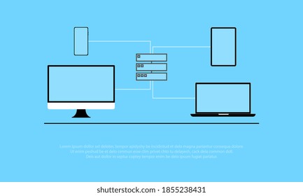 Server management, server technology simple thin lines from server to device. 