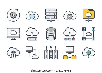 Server Network And Cloud Computing Related Color Line Icon Set. Computer System Linear Icons. Cloud Services Colorful Outline Vector Sign Collection.