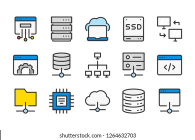 Server Network and Computing Technology color line icons. Backup and storage vector linear colorful icon set. Isolated icon collection on white background.