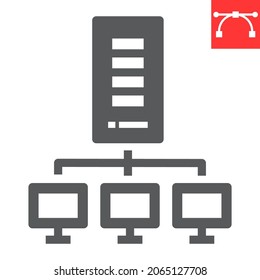 Server network glyph icon, database and connection, web hosting vector icon, vector graphics, editable stroke solid sign, eps 10.