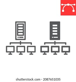 Server network line and glyph icon, database and connection, web hosting vector icon, vector graphics, editable stroke outline sign, eps 10.