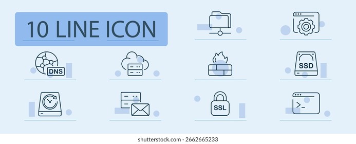 Ícone do servidor e do conjunto de redes. Ferramentas de nuvem, DNS, firewall, backup, unidade, configurações, SSL, comando, pasta e banco de dados exibidas para infraestrutura digital e sistemas de tecnologia da Web