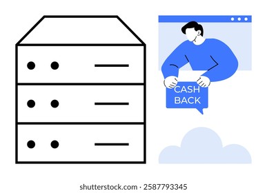 Server next to a person holding a cashback sign in a web browser. Ideal for e-commerce, online banking, finance apps, cashback services, cloud-based solutions. Minimalist flat style