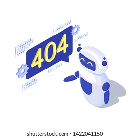 Server not found automated message generation isometric illustration. Robot, AI assistant with 404 notification in speech bubble. Disconnected server, broken link problem. Web search malfunction
