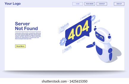 Server not found isometric webpage template. Computerized broken links detection. Robot, cyborg informing about page lost connection problem. 404 error notification landing page with text space