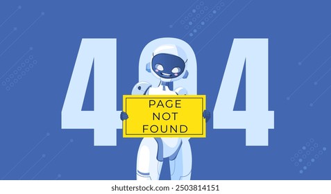 Server not found webpage template. Computerized broken links detection. Robot, cyborg informing page lost connection problem 404 error notification landing page with text space robot holding sign