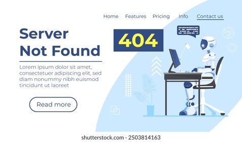 Server not found webpage template. Computerized broken links detection. Robot, cyborg informing about page lost connection problem. 404 error notification landing page with text space